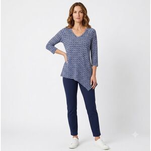 Tianello Women's NWOT Blue Jersey Geometric Print 3/4 Sleeve Tunic Top Size XL
